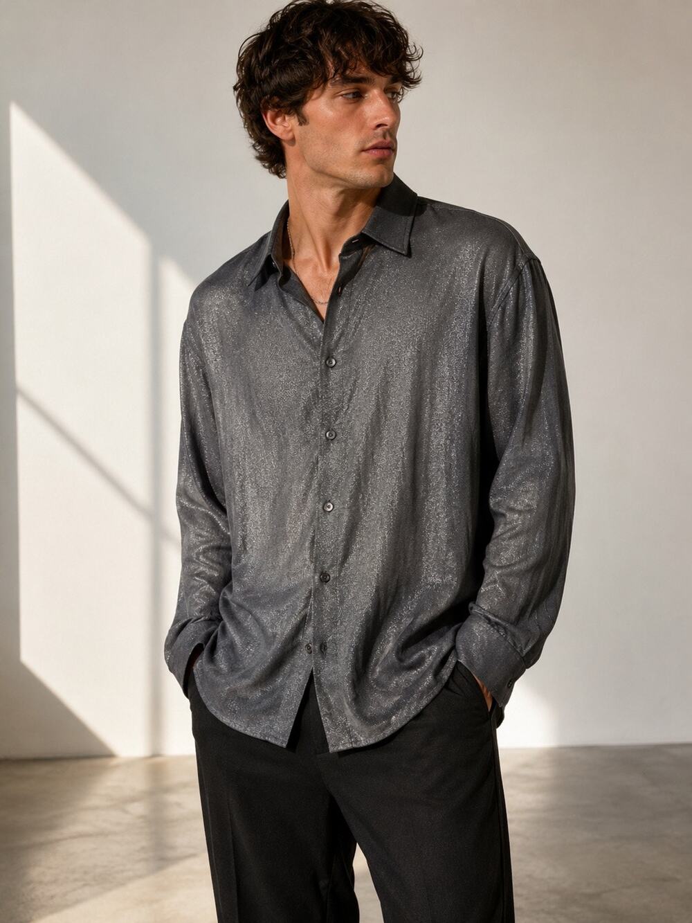 Elliott Metallic Shimmer Button Down Shirt XXL Charcoal Gray Oversized